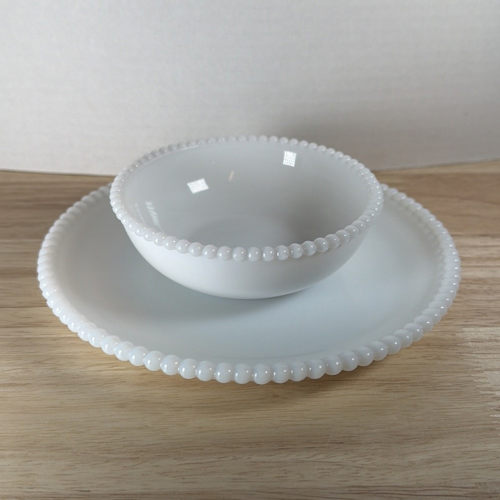 Westmoreland Glass White Milk Glass Beaded Edge 7" Salad Dessert Plate Hobnail